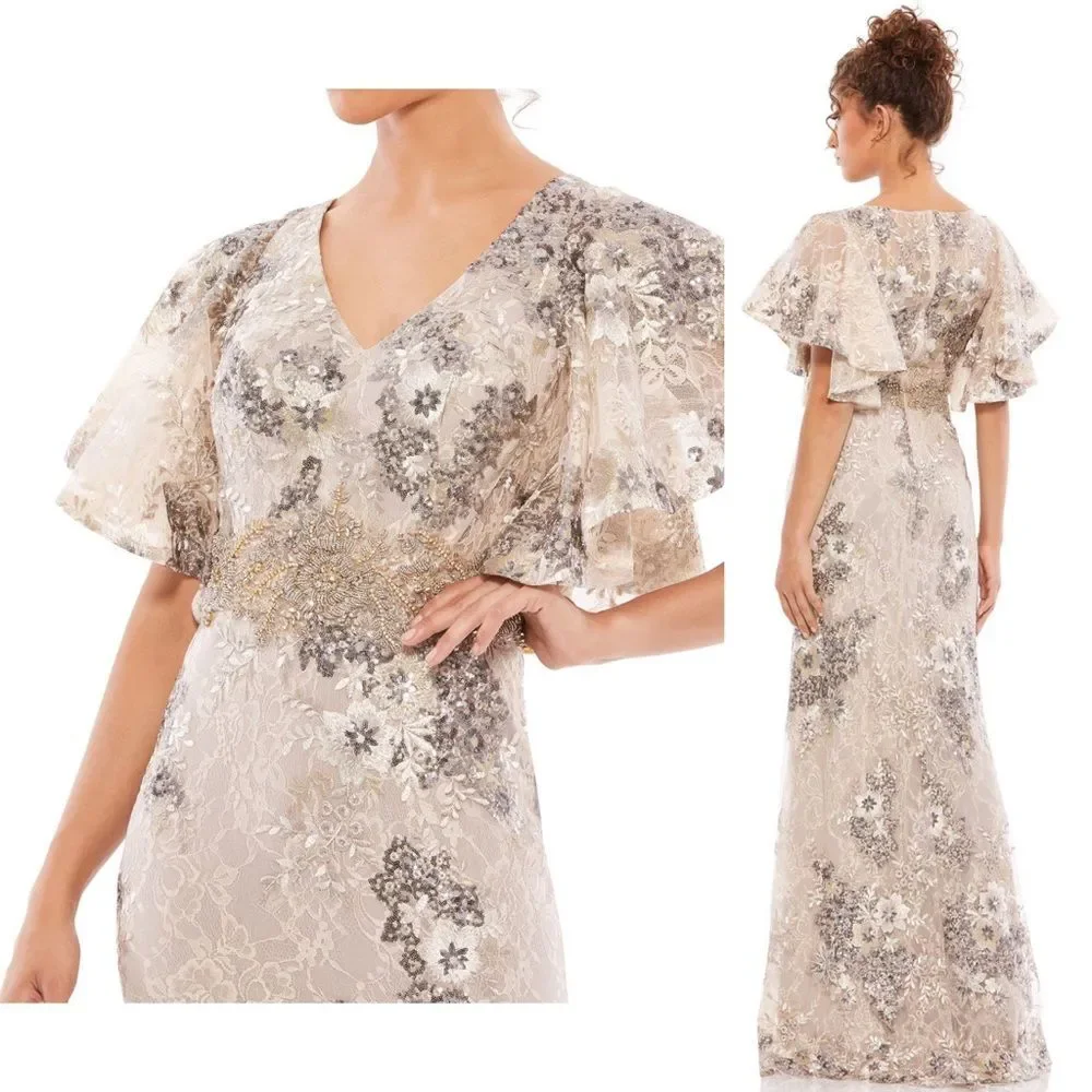 Mac Duggal 67842 Bell Sleeve Floral Embellished Formal Event Gown, Taupe Size 4